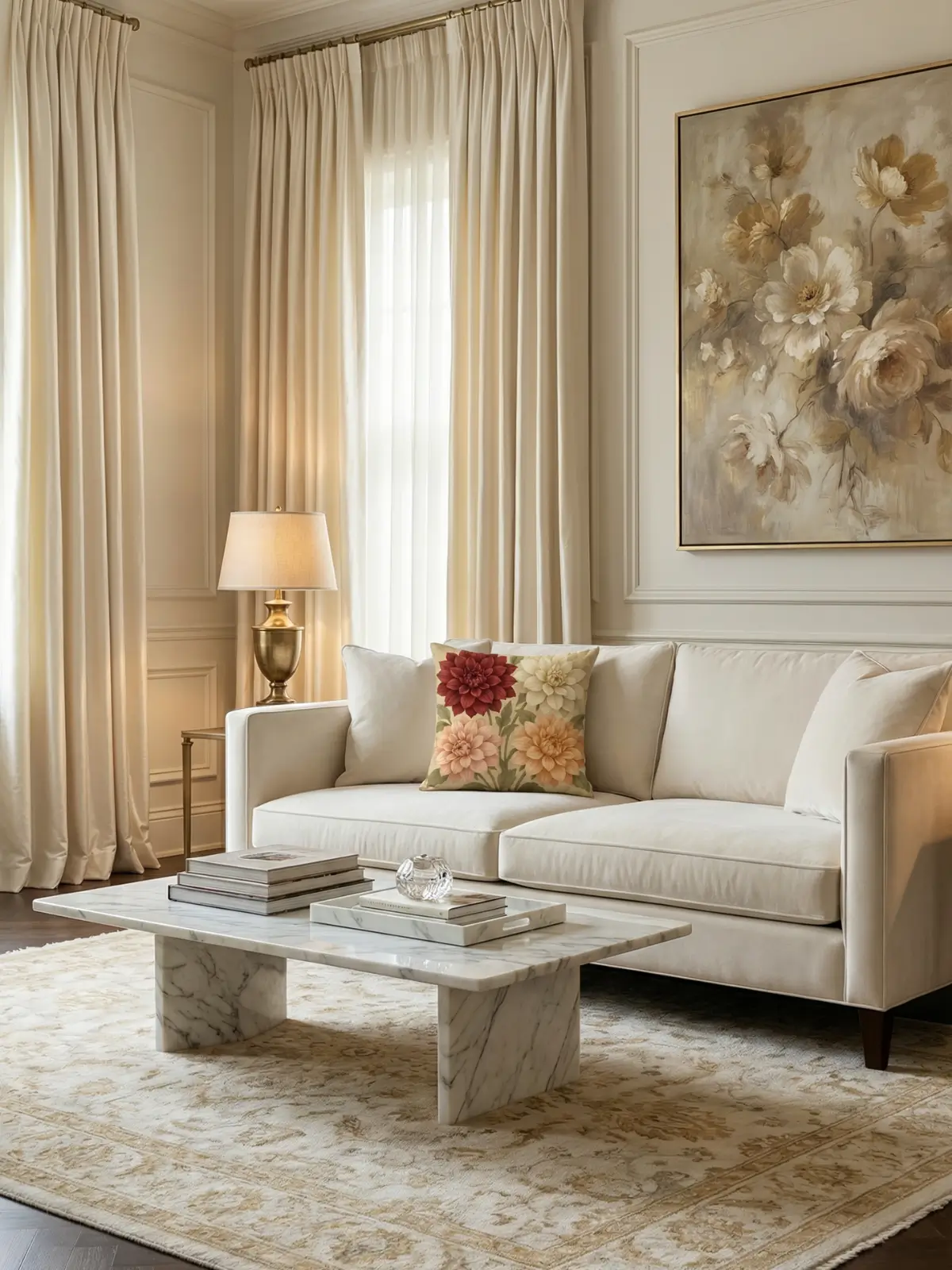 Luxury living room with ivory silk curtains and ivory velvet sofa styled with the Dahlia Vintage Luxury Pillow