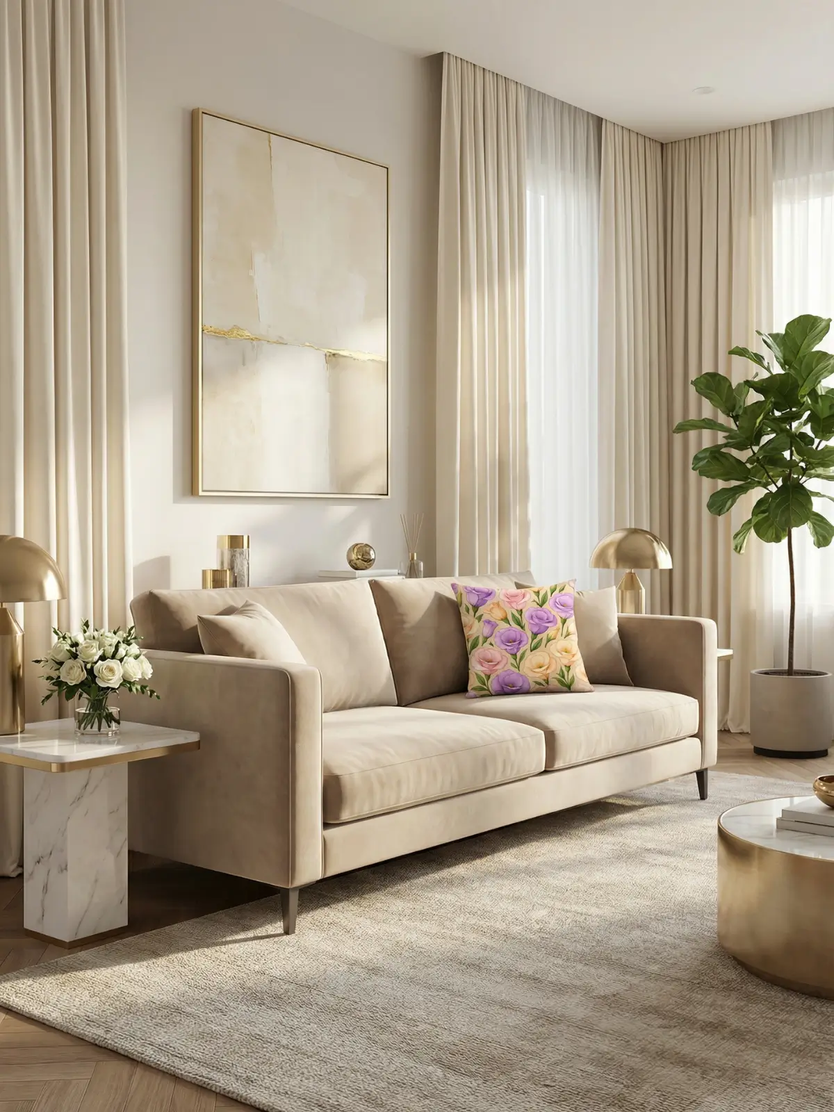 Luxury living room with ivory curtains and Eustoma Floral Beige Pillow on a velvet sofa