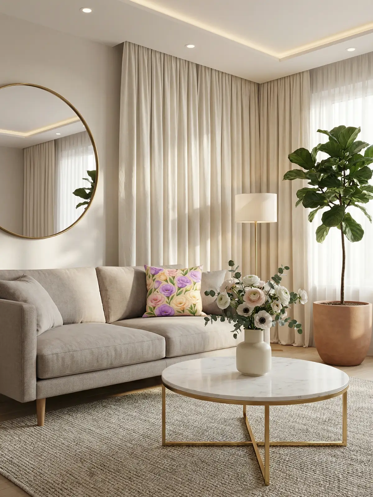 Luxury living room with ivory curtains and Foxglove Watercolor Cream Pillow on a modern linen sofa