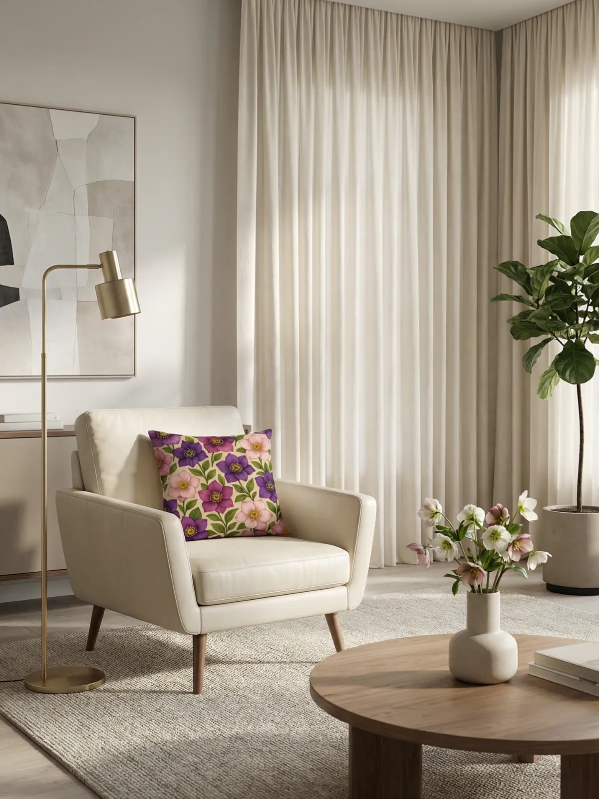 Luxury living room with ivory curtains and Hellebore Floral Beige Pillow on a cream leather armchair