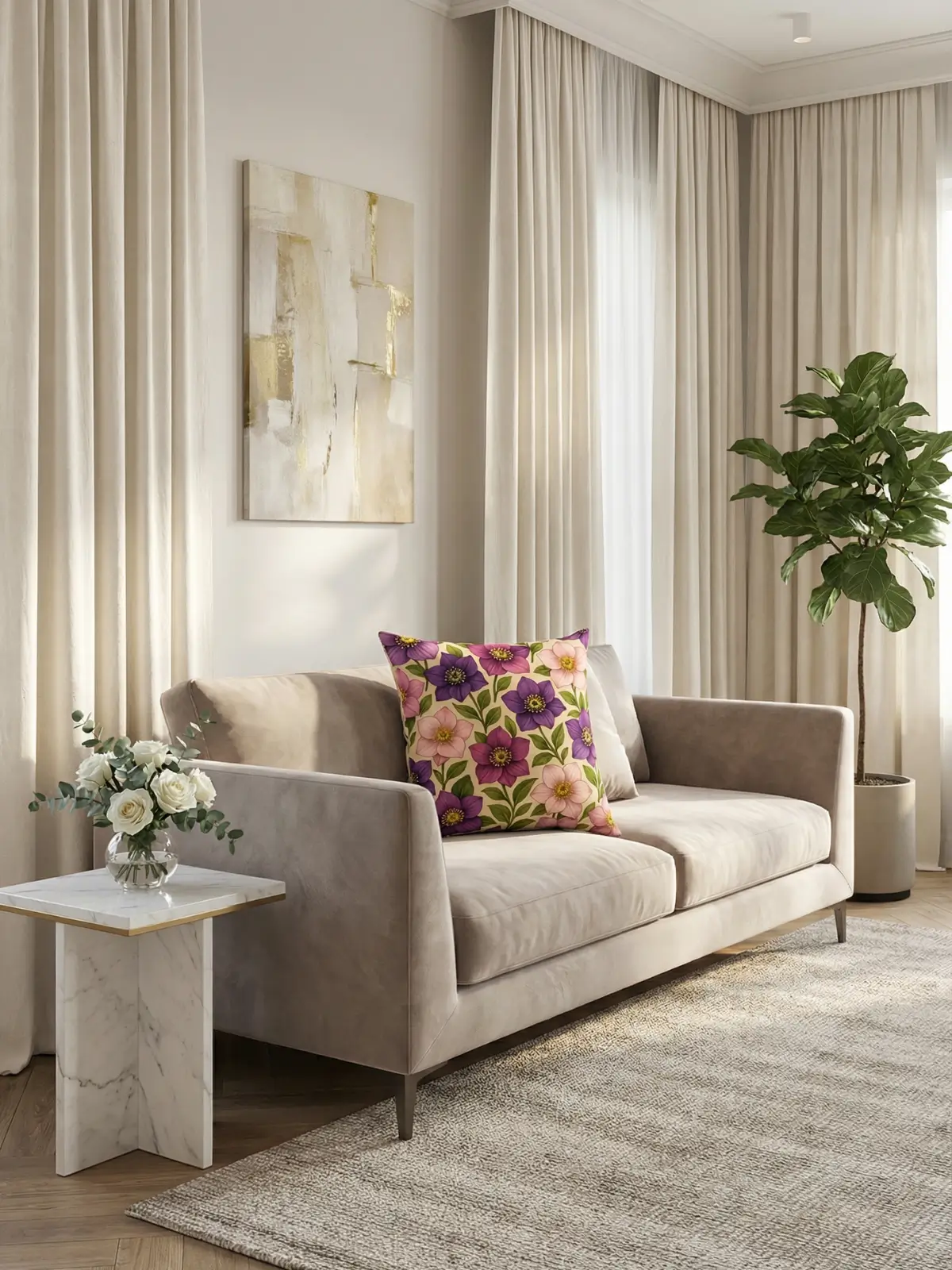 Luxury living room with ivory curtains and Hellebore Floral Beige Pillow on a velvet sofa