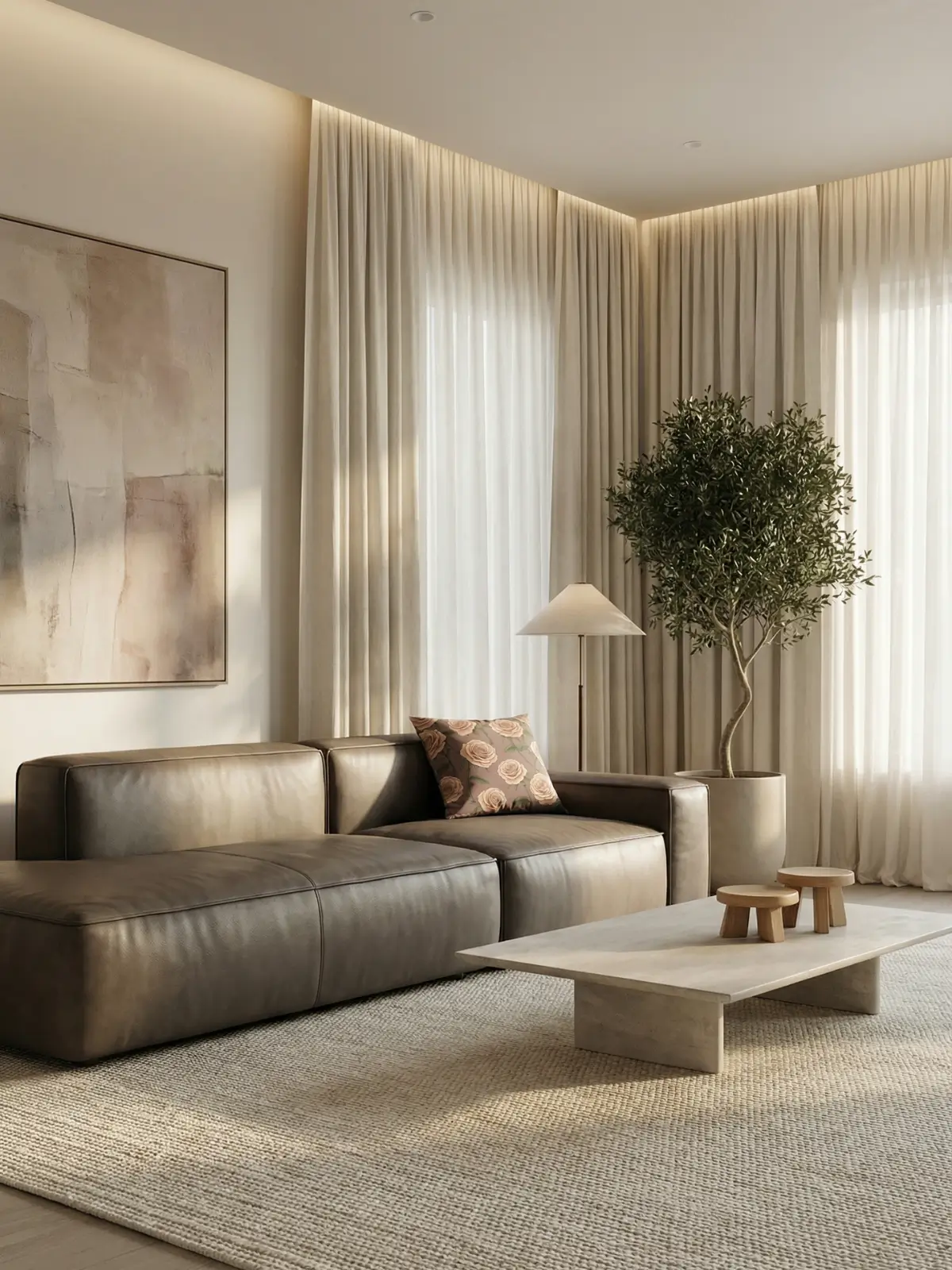 Modern luxury living room with ivory curtains and Modern Quicksand Rose Pillow on a greige leather sofa