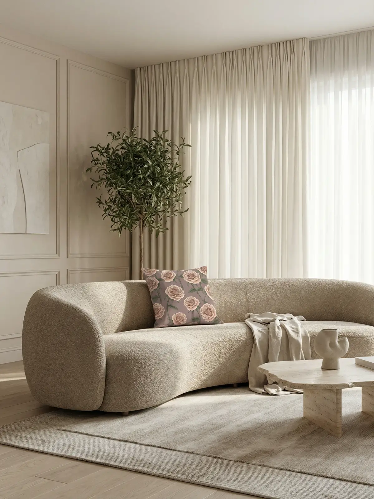 Luxury living room with ivory curtains and Modern Quicksand Rose Pillow on a sculptural modern sofa