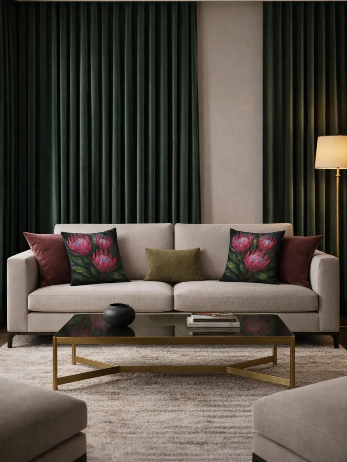 High-end luxury living room with forest green curtains, beige sofa, smoked glass coffee table, and double king protea impasto pillows