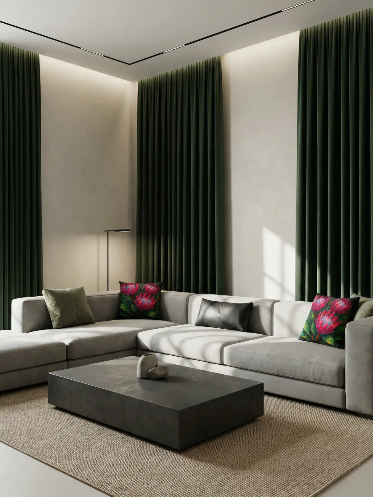 Architectural modern living room with forest green curtains, L-shaped grey sofa, concrete coffee table, and double king protea impasto pillows