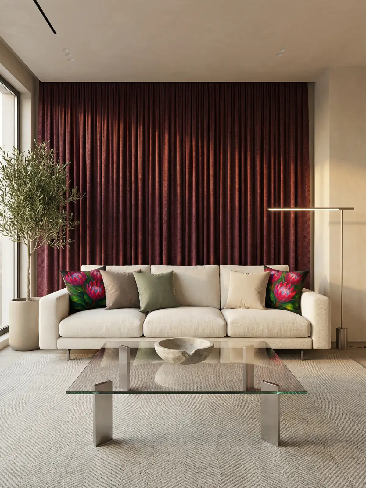 Modern luxury living room with burgundy curtains, ivory chenille sofa, square glass coffee table, and king protea floral pillows