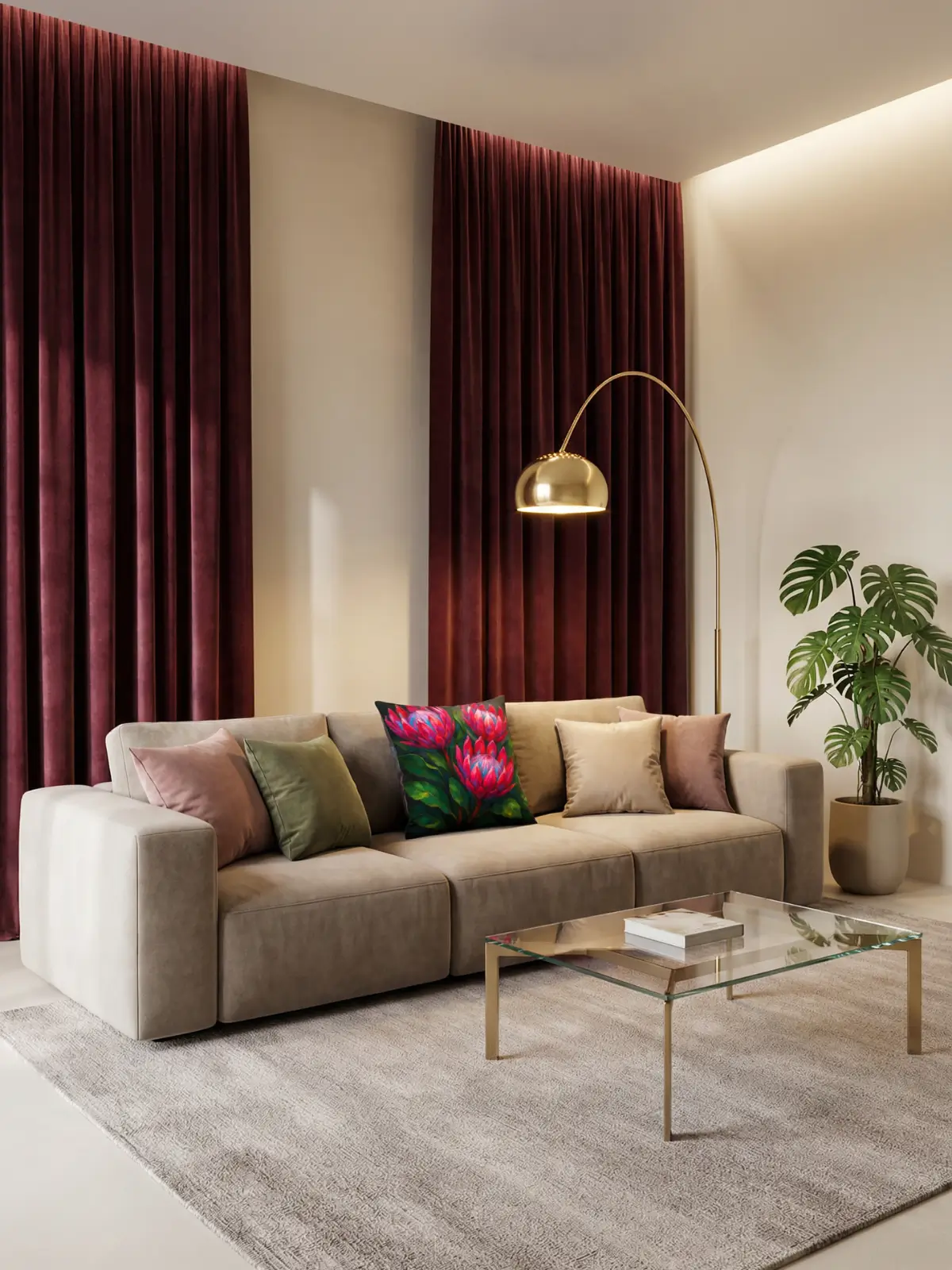 Contemporary living room with burgundy velvet curtains, stone beige modular sofa, and king protea floral pillows