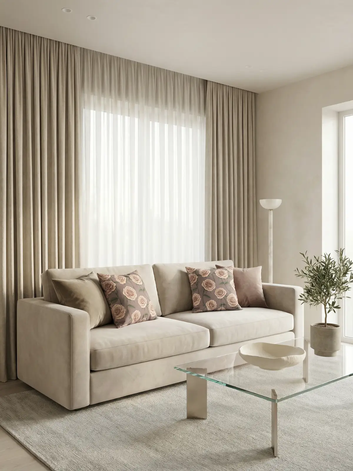 Modern neutral living room with beige linen curtains, mushroom velvet sofa, glass coffee table, and modern quicksand rose pillows