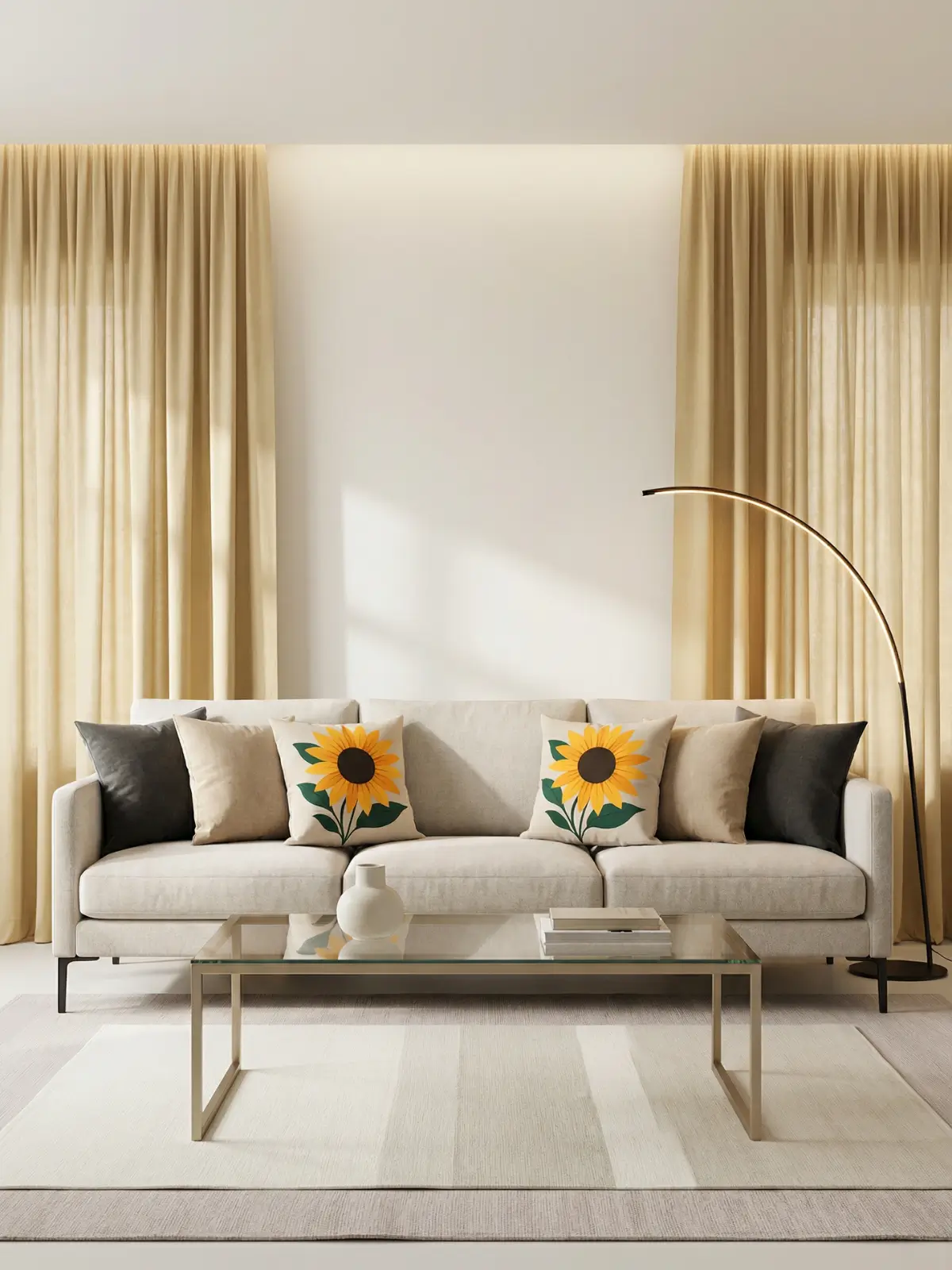 Light oatmeal sofa with gold linen curtains and modern sunflower minimalist pillows in a clean modern living room