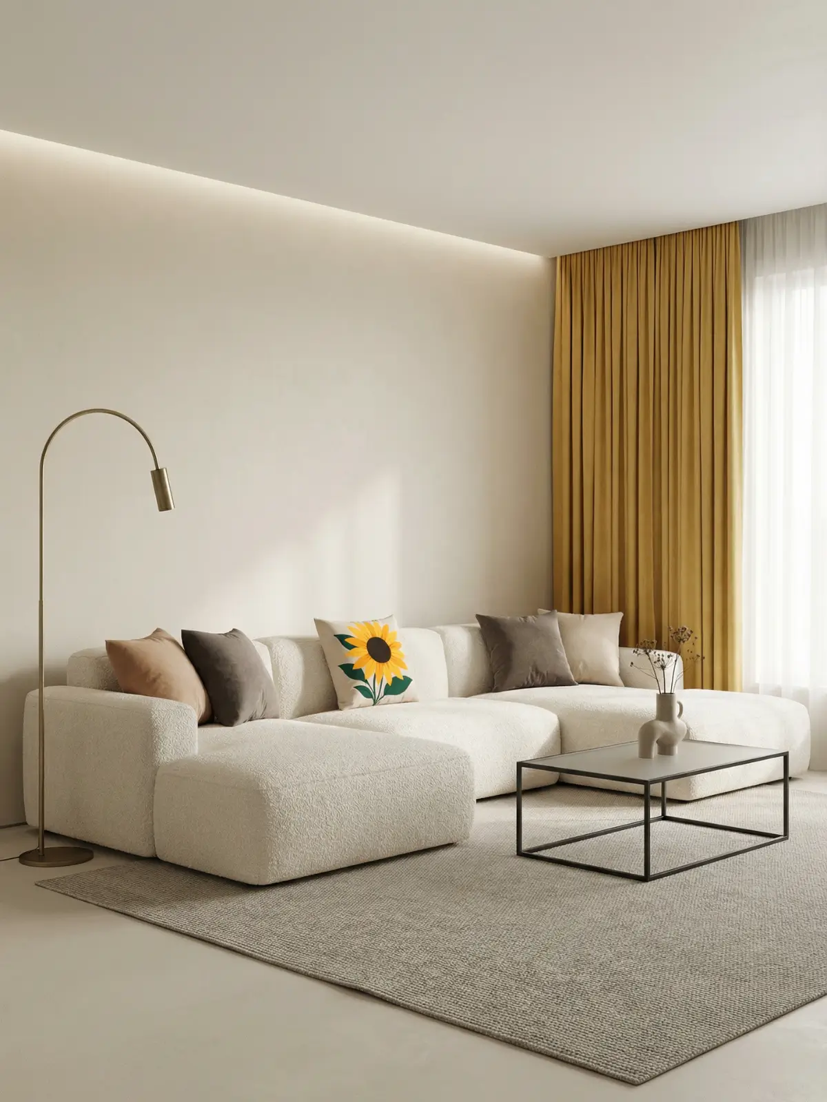 Minimalist luxury living room with mustard yellow curtains, ivory boucle sofa, and modern sunflower pillow