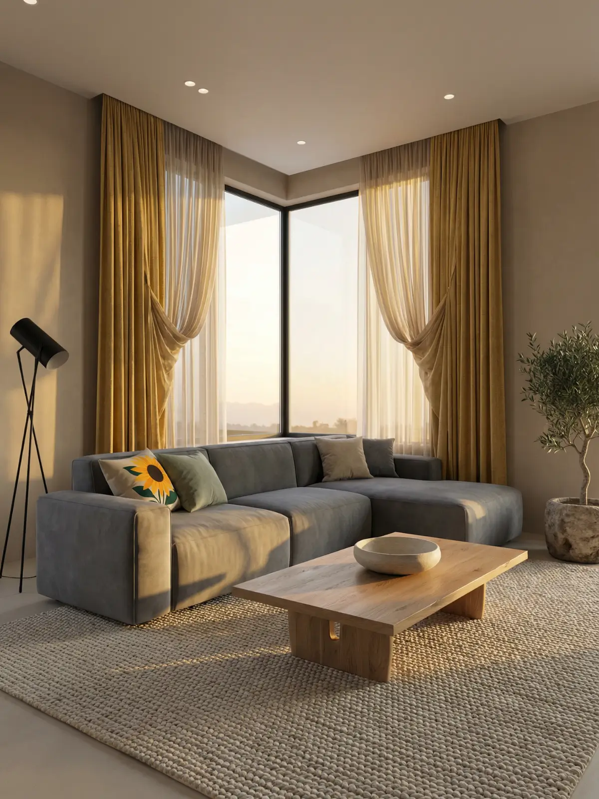 Architectural living room with mustard yellow curtains, slate gray sectional sofa, and modern sunflower minimalist pillows