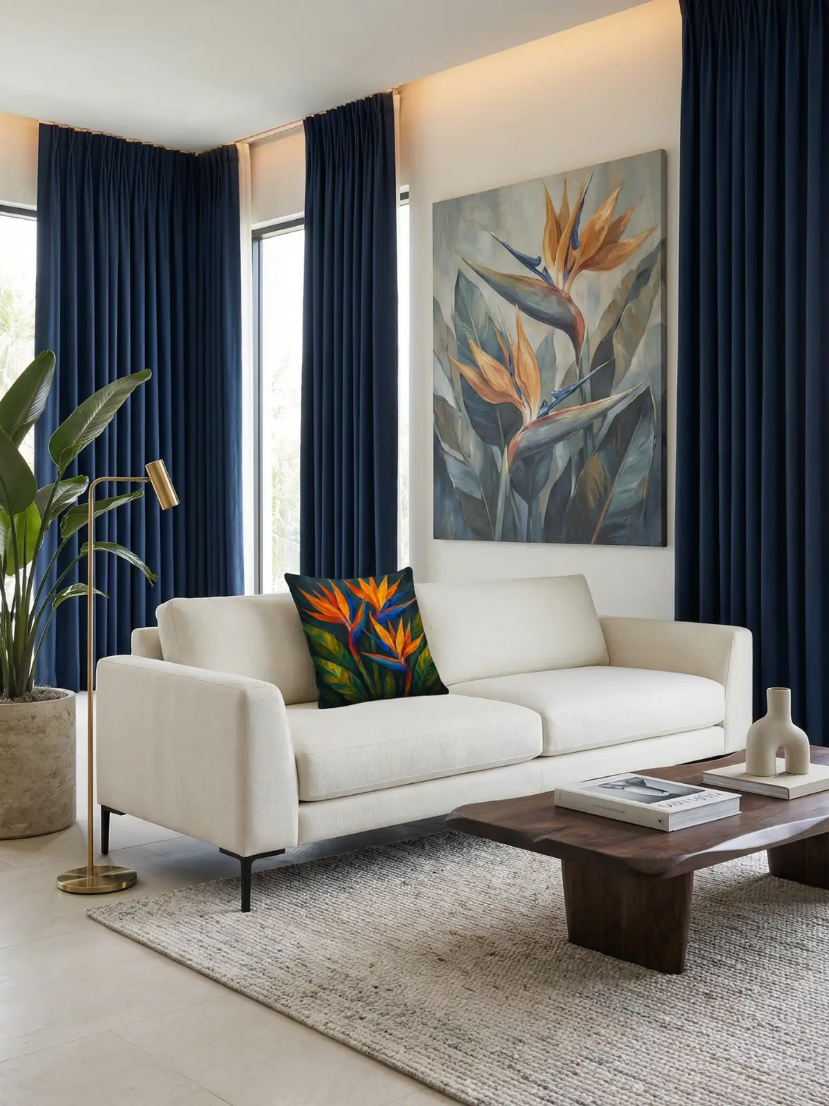 Luxury modern living room with navy blue curtains and Bird of Paradise Impasto Pillow on an ivory sofa