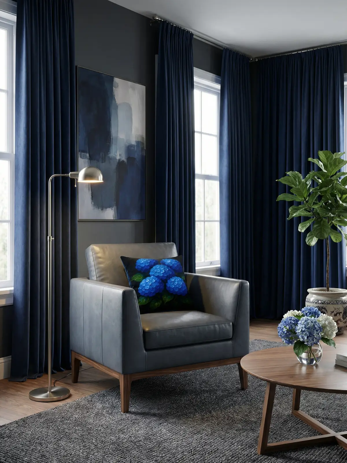 Luxury living room with navy blue curtains and Blue Hydrangea Impasto Pillow Charcoal on a slate gray leather armchair