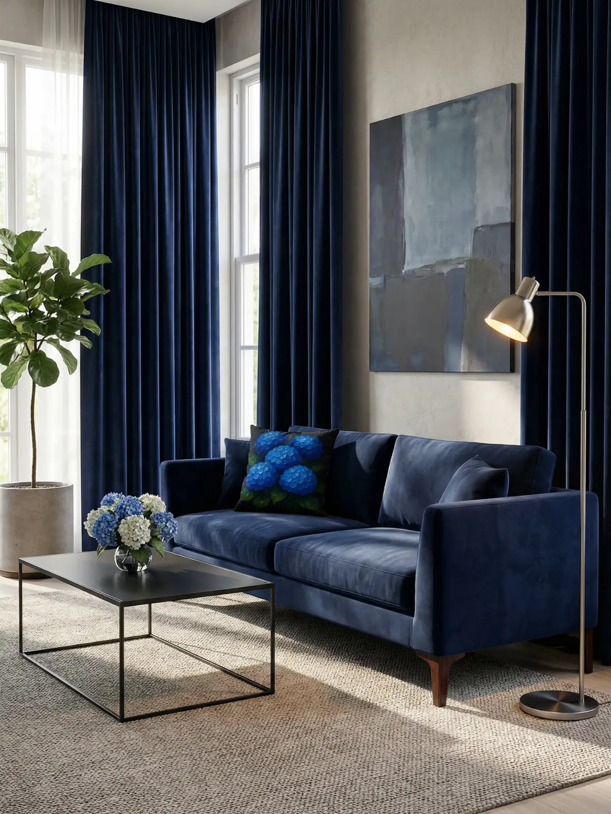 Luxury modern living room with navy blue curtains and Blue Hydrangea Impasto Pillow Charcoal on a navy blue sofa