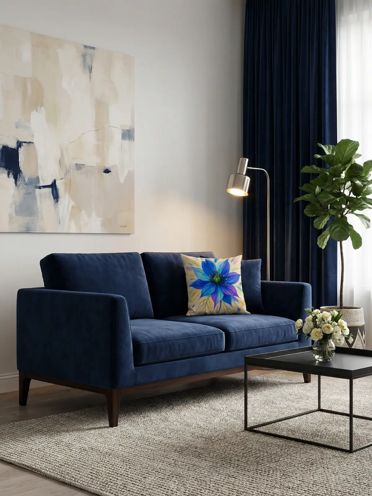 Luxury modern living room with navy blue curtains and Nigella Abstract Cream Pillow on a navy blue sofa