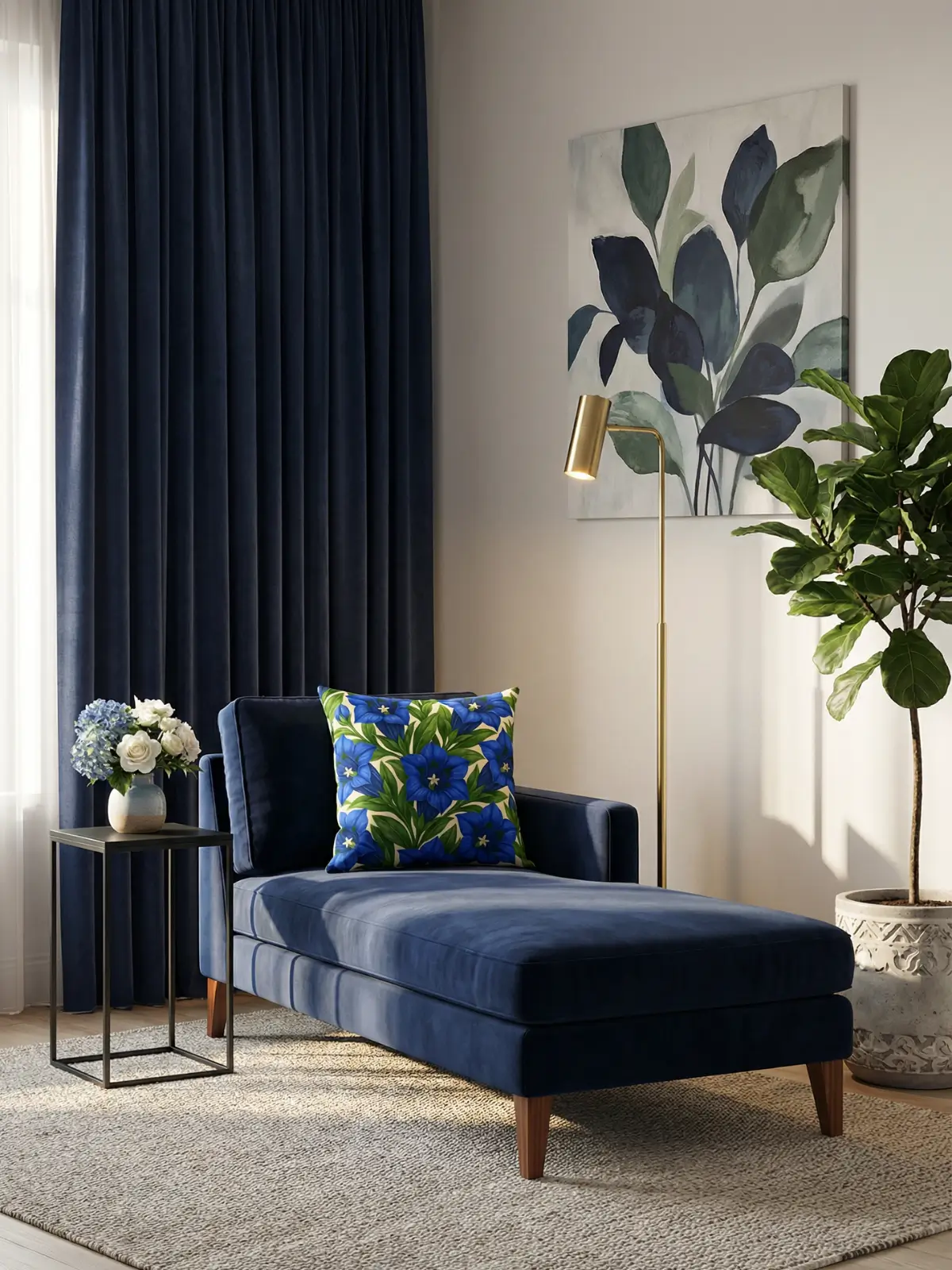 Luxury modern living room with navy blue curtains and Trumpet Gentian Botanical Pillow on a navy velvet chaise lounge