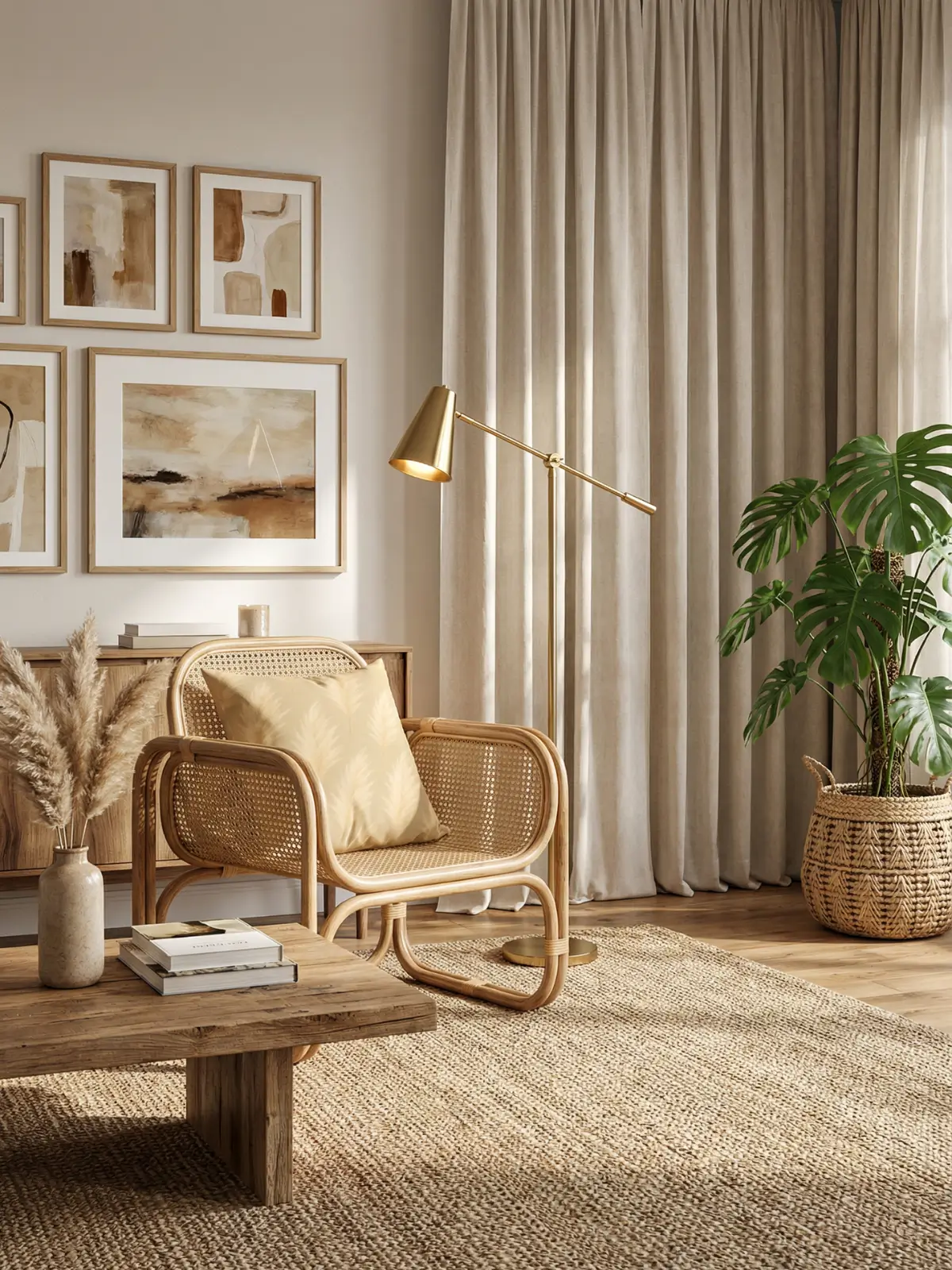 Luxury boho living room with neutral curtains and Boho Pampas Grass Pillow on a rattan chair