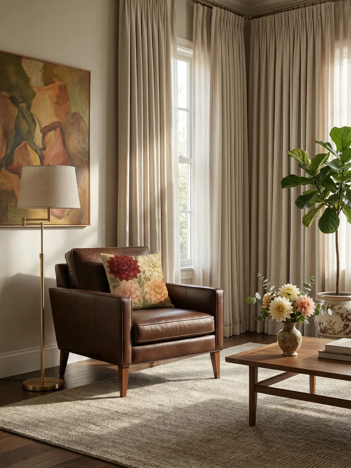 Luxury living room with neutral curtains and Dahlia Vintage Luxury Pillow on a leather armchair