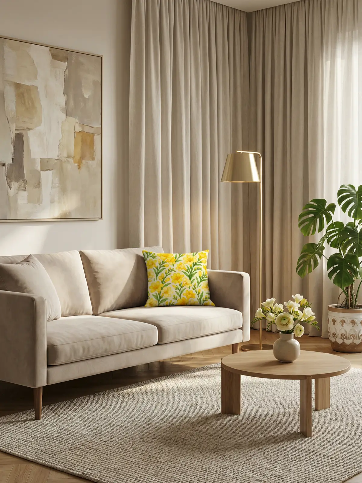 Luxury living room with neutral curtains and Freesia Watercolor Cream Pillow on a beige sofa