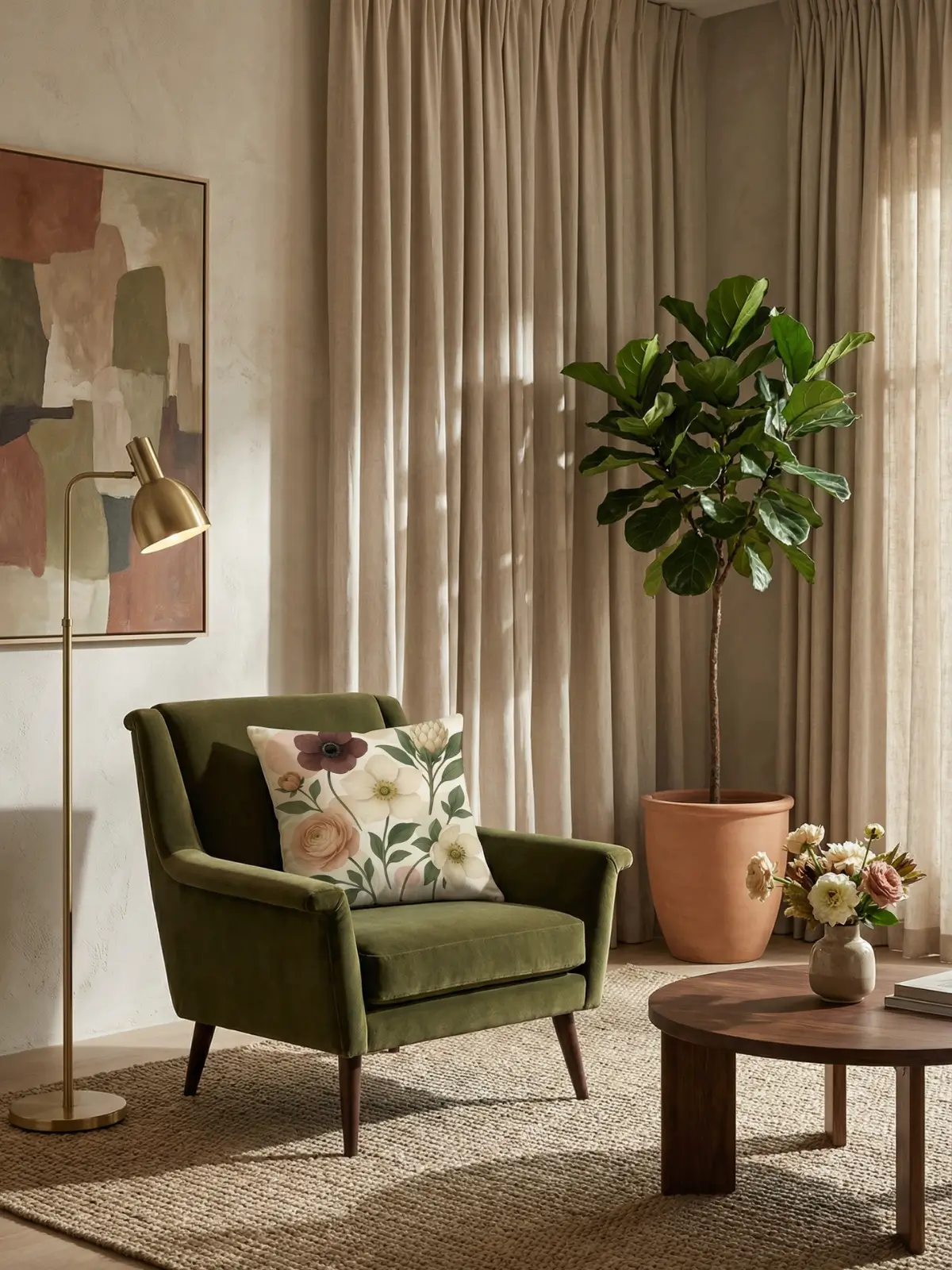 Luxury living room with neutral curtains and Ranunculus-Anemone-Protea Vintage Pillow on an olive green armchair