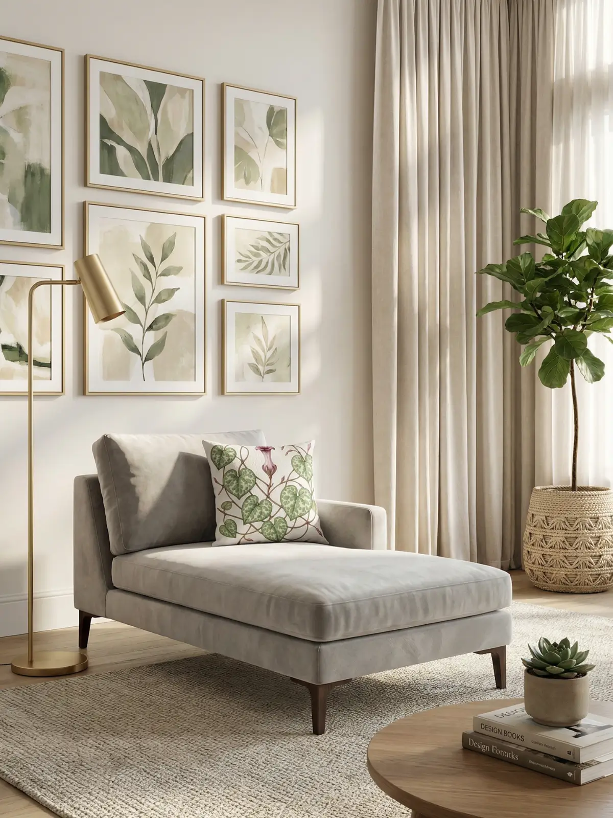 Luxury living room with neutral curtains and String of Hearts Botanical Pillow on a gray chaise lounge