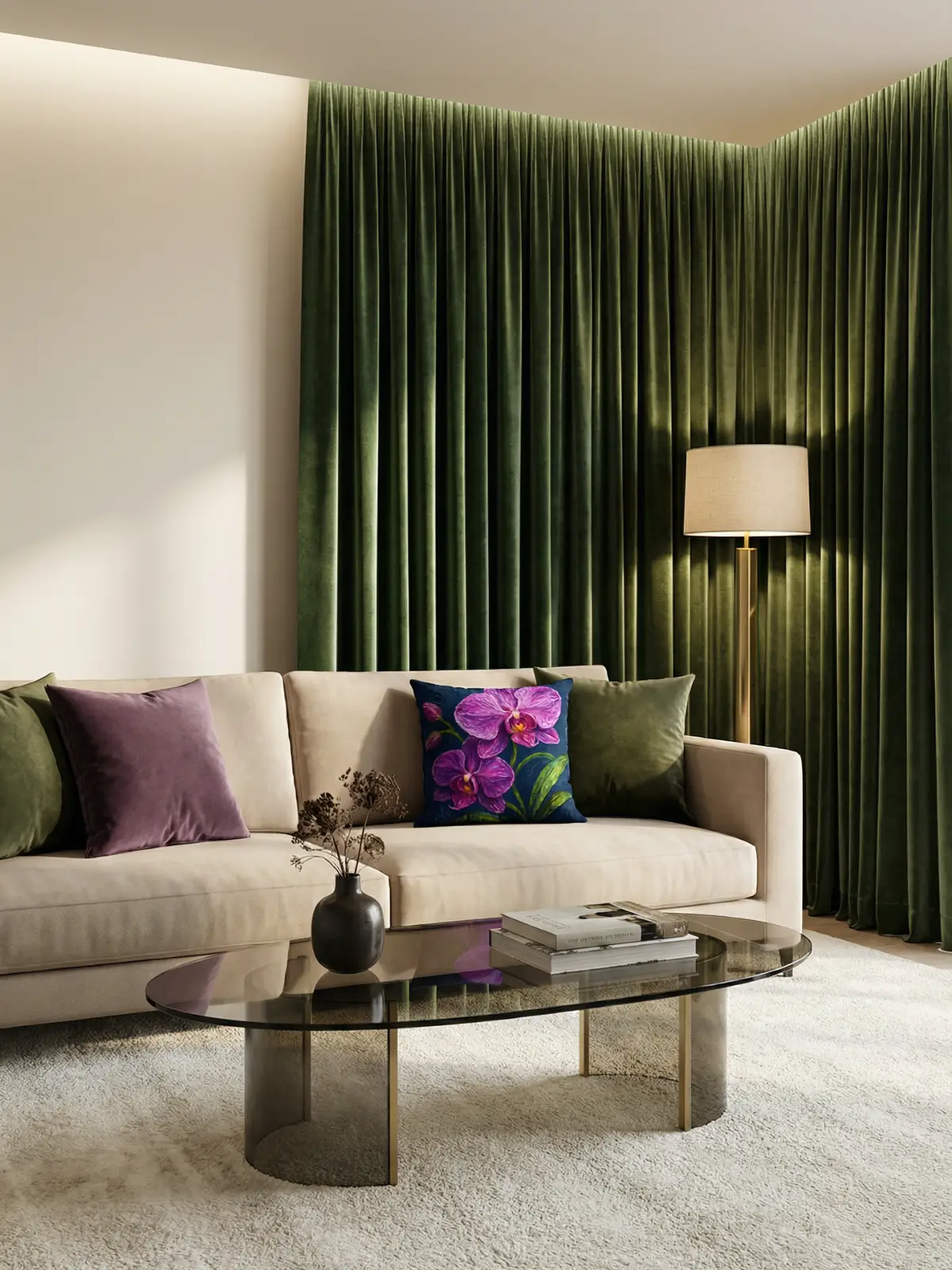 Luxury living room with green velvet curtains, beige sofa, smoked glass coffee table, and purple orchid impasto pillow