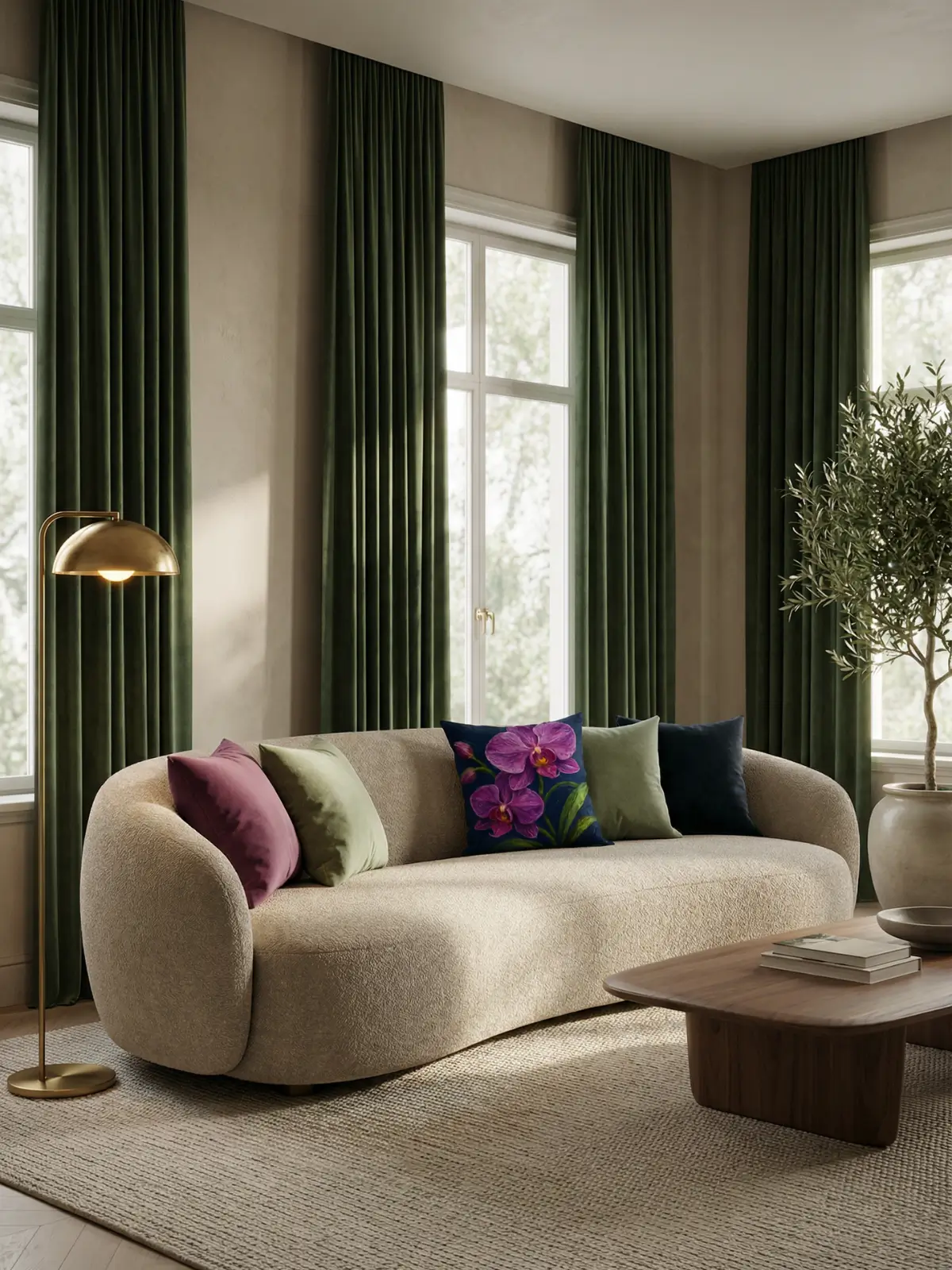 Luxury living room with green velvet curtains, curved bouclé sofa, and purple orchid floral pillows