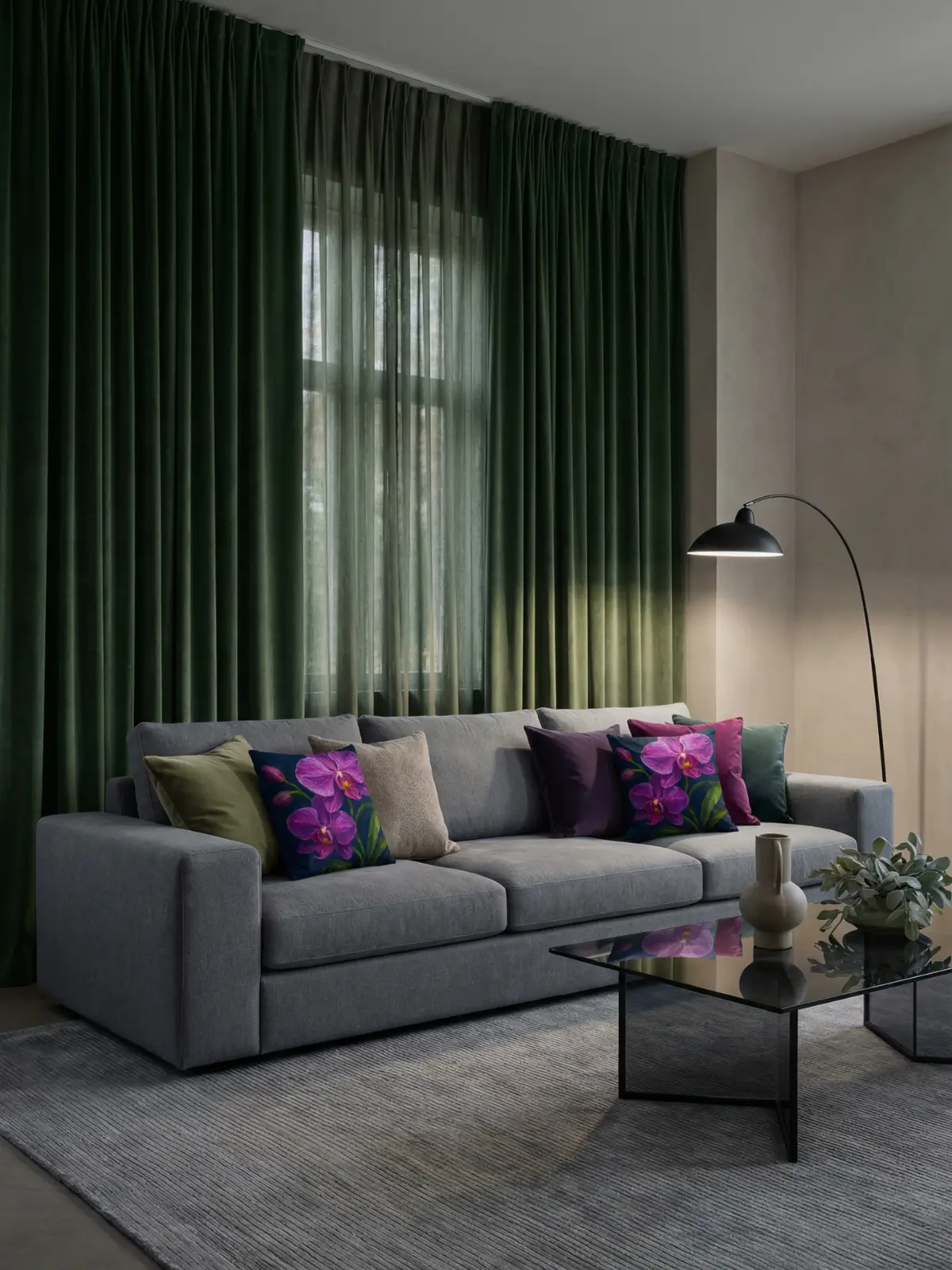 Contemporary luxury living room with green velvet curtains, gray sofa, and two purple orchid floral pillows