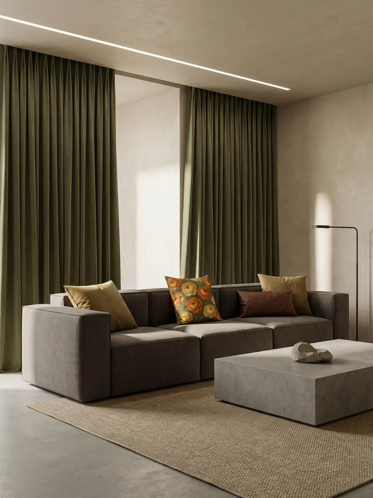 Architectural modern living room with olive green curtains, modular sofa, concrete coffee table, and ranunculus abstract oil pillow