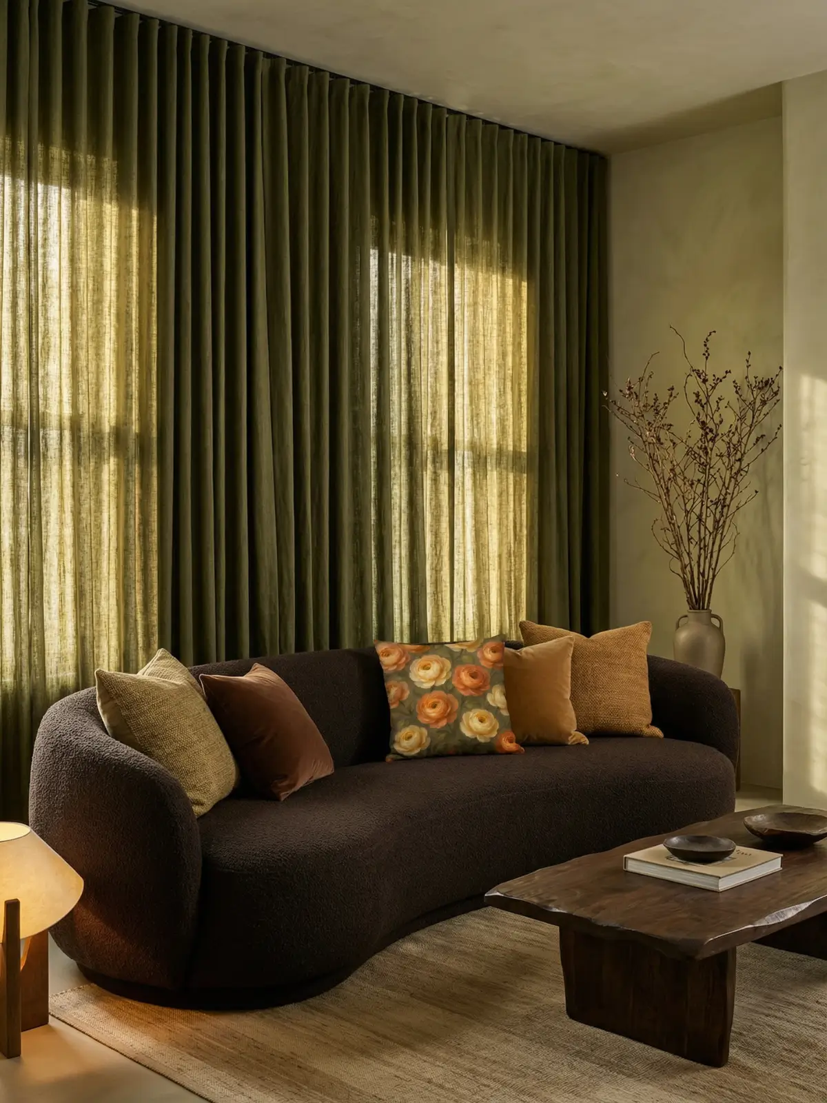 Editorial luxury living room with olive green curtains, curved bouclé sofa, and ranunculus abstract oil floral pillow