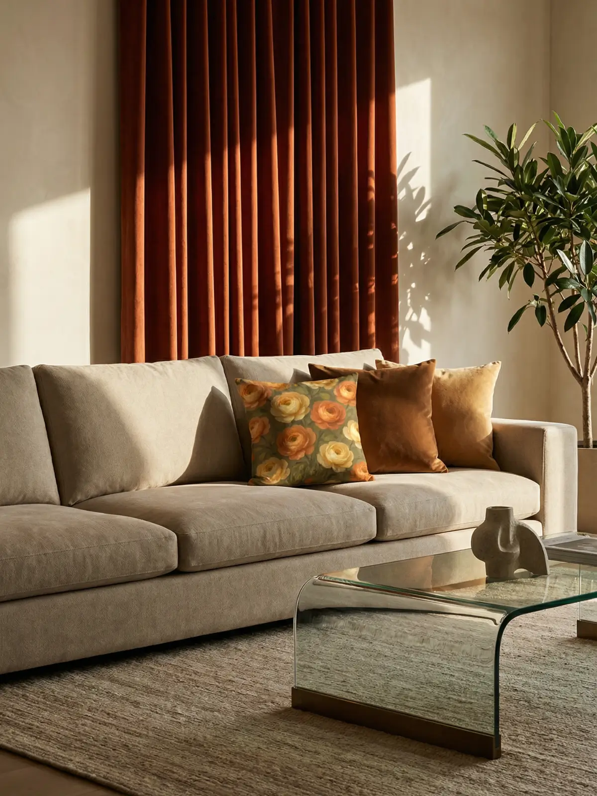 Luxury living room with terracotta curtains, beige sofa, glass coffee table, and ranunculus abstract oil floral pillow