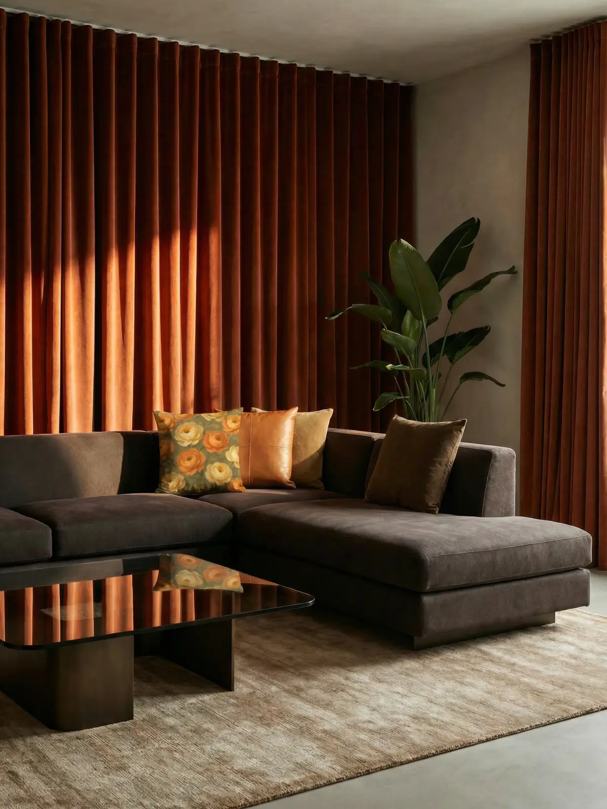 Architectural luxury living room with terracotta velvet curtains, charcoal L-shaped sofa, sculptural glass coffee table, and ranunculus abstract oil pillows