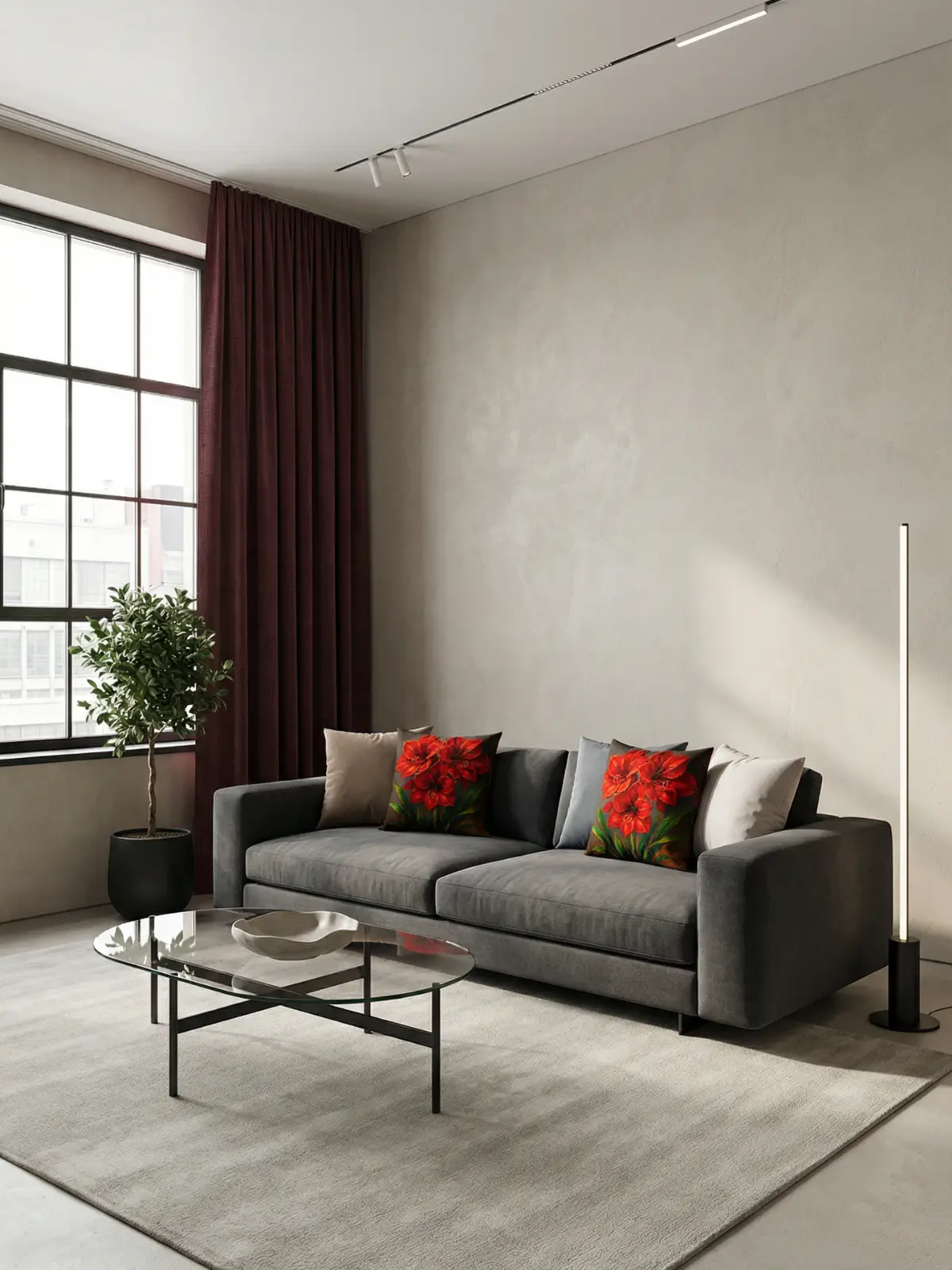 Loft modern living room with burgundy curtains, charcoal sofa, oval glass coffee table, and red amaryllis floral pillows