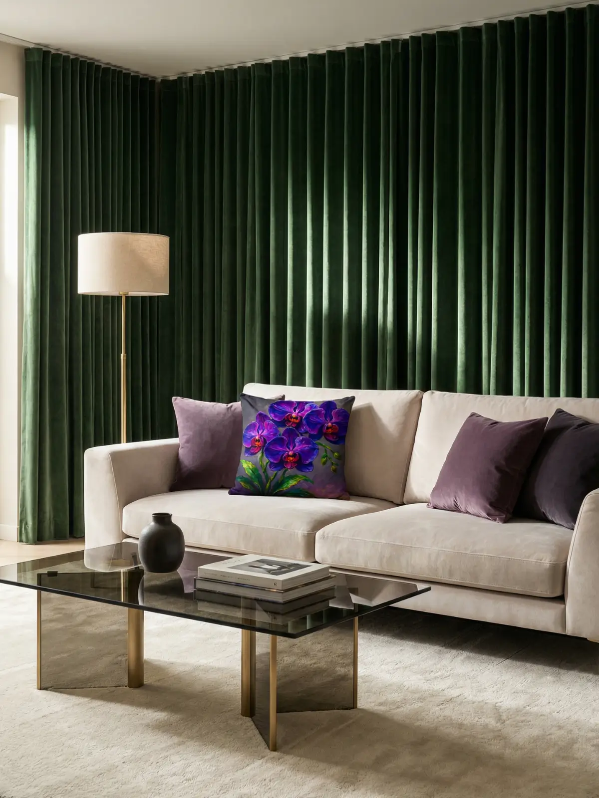 Luxury living room with green velvet curtains, beige sofa, smoked glass coffee table, and royal purple orchid impasto pillow