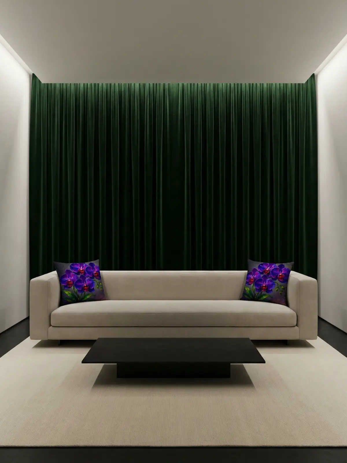 Ultra-minimal royal gallery living room with green velvet curtains, floating sofa, black stone table, and double royal purple orchid pillows
