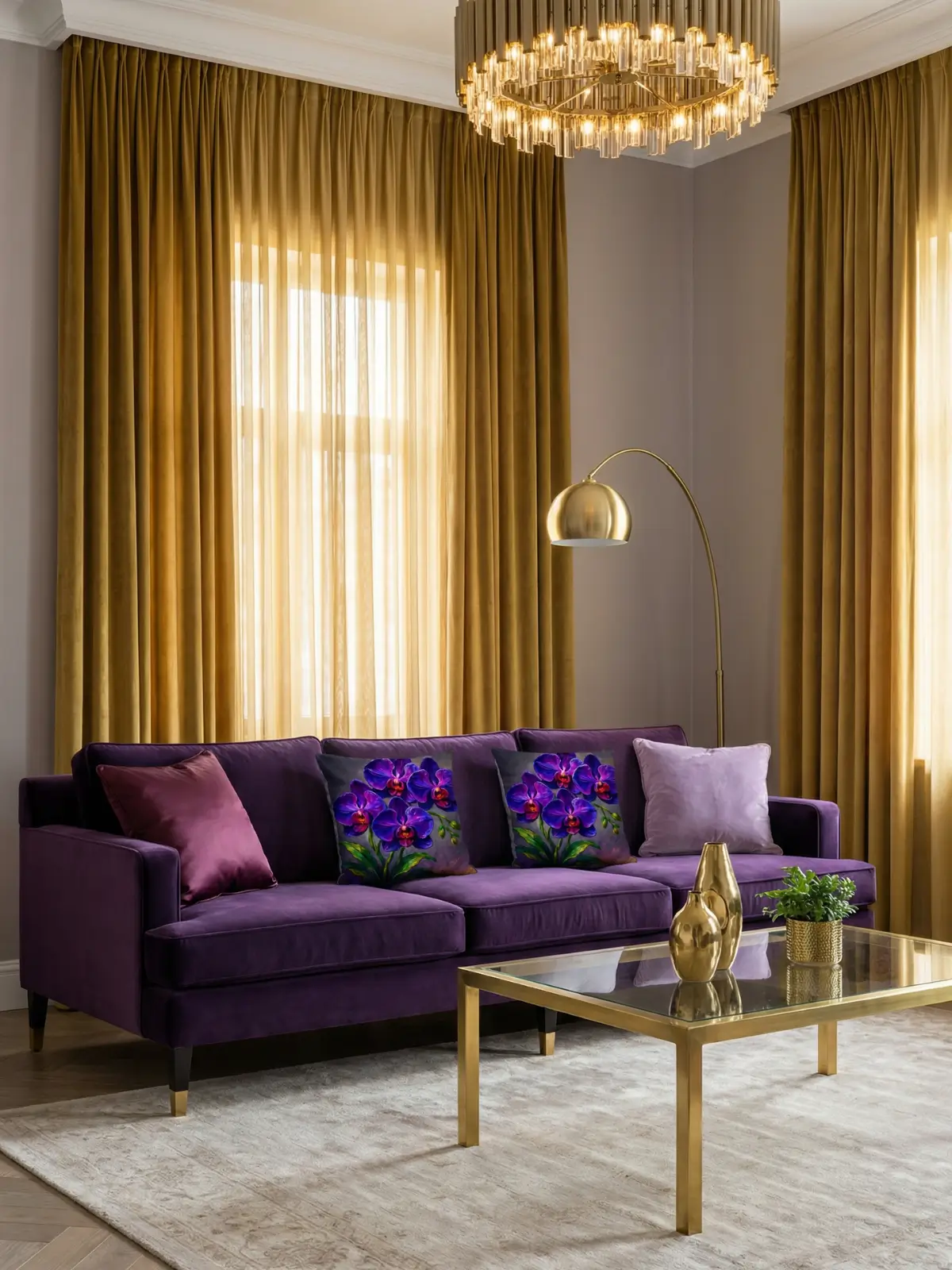 Purple velvet sectional sofa with gold velvet curtains and royal purple orchid impasto pillows in a modern luxury living room
