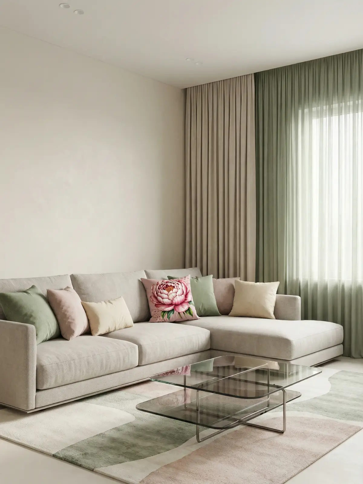 Modern luxury living room with sage green curtains, Blush Peony Bloom Pillow, and coordinated pillows on a stone sectional sofa