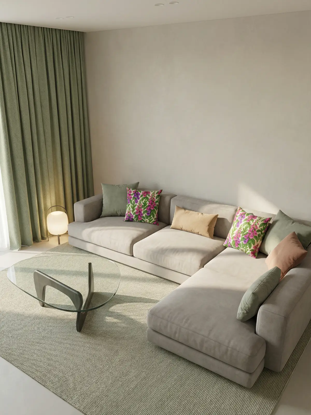 Modern luxury living room with sage green curtains and two Foxglove Watercolor Cream Pillows on a greige sectional sofa with sculptural glass coffee table