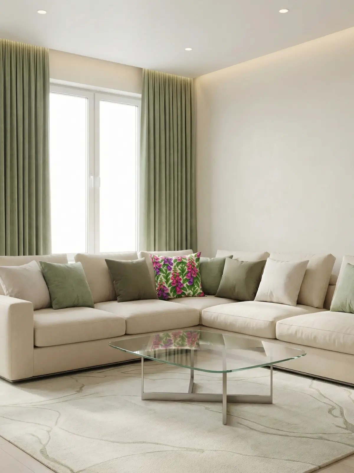 Modern luxury living room with sage green curtains and Foxglove Watercolor Cream Pillow on a cream sectional sofa with glass coffee table