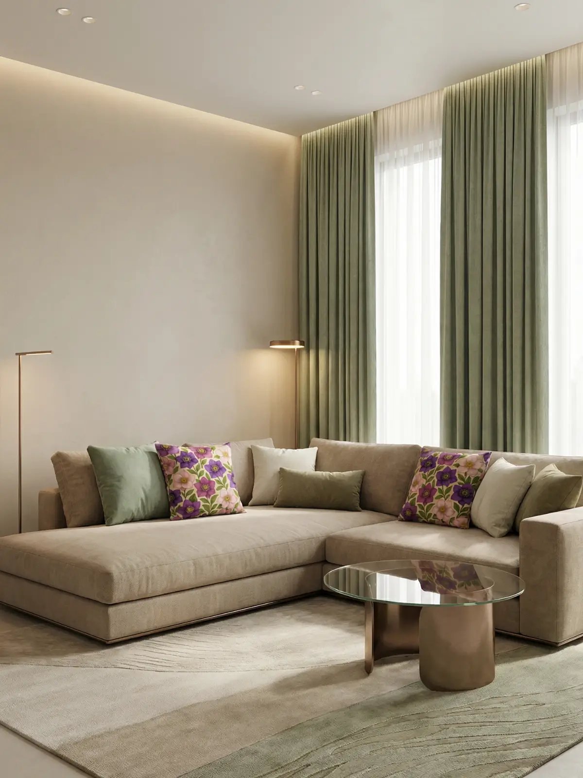 Modern luxury living room with sage green curtains and two Hellebore Floral Beige Pillows on a beige sectional sofa with glass coffee table