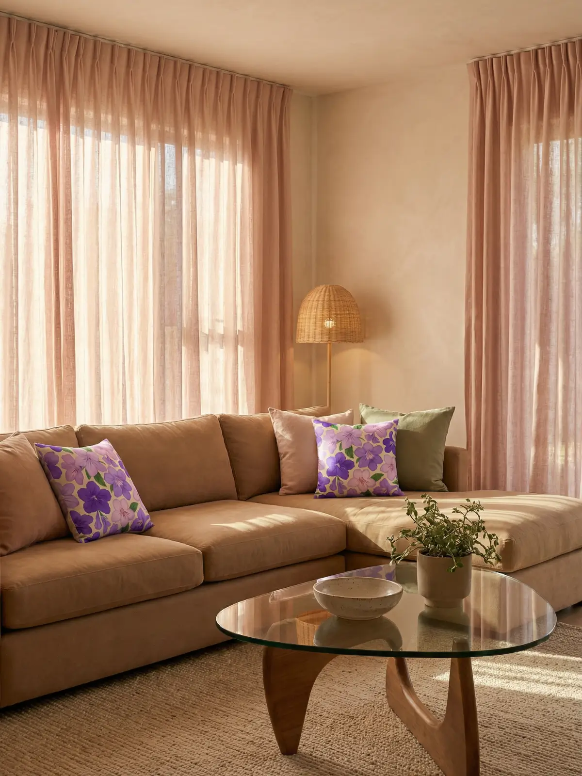 Boho luxury living room with blush pink curtains, L-shaped caramel sofa, glass coffee table, and streptocarpus floral pillows