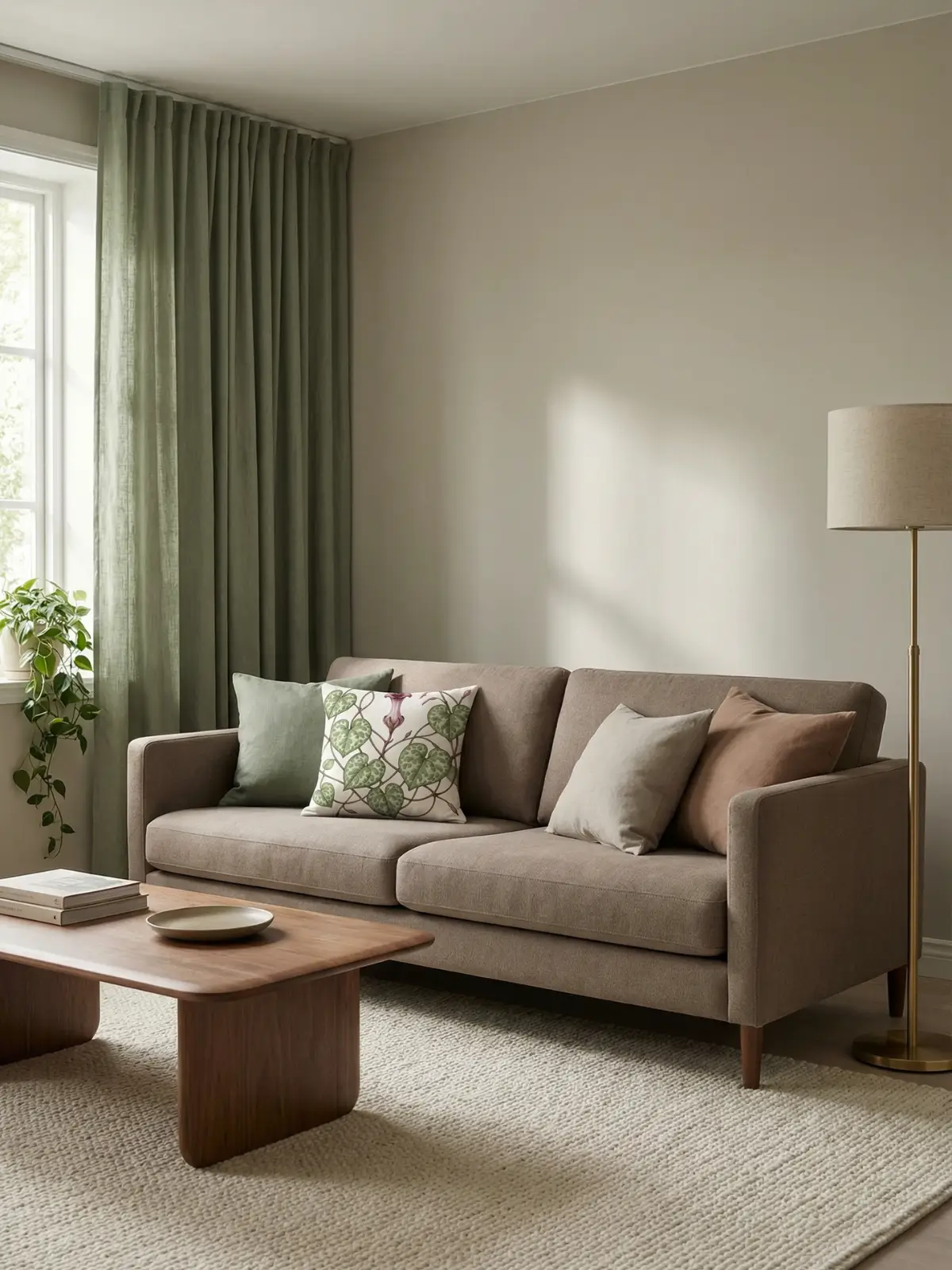 Luxury living room with sage green curtains, taupe sofa, botanical floral pillows, and warm natural lighting