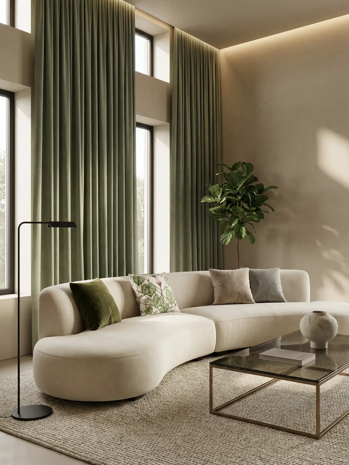 Ultra-modern luxury living room with sage green curtains, curved ivory sofa, botanical pillows, and dramatic architectural lighting