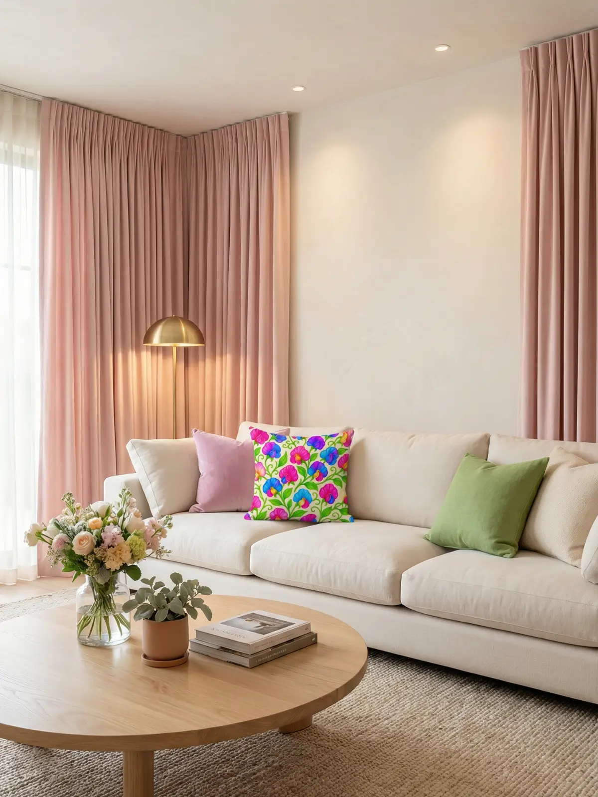 Luxury living room with blush pink curtains, off-white sofa, and sweet pea watercolor floral pillows