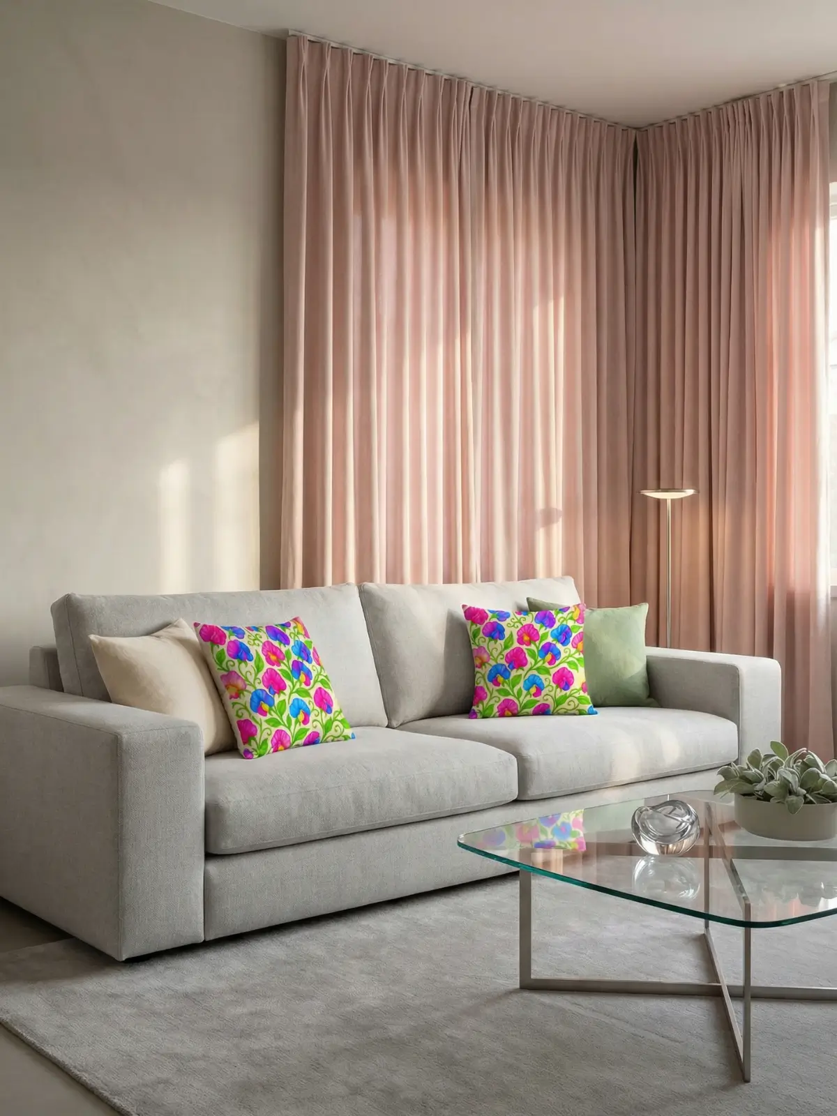 Modern luxury living room with blush velvet curtains, light gray sofa, glass coffee table, and sweet pea floral pillows