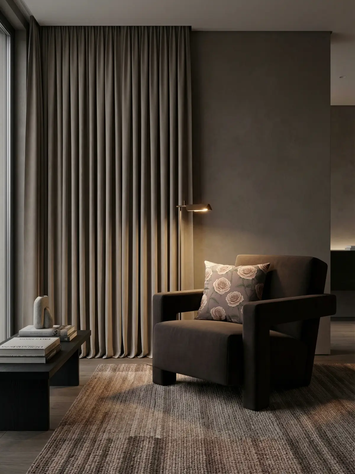Modern reading lounge with taupe blackout curtains and Quicksand Rose pillow on a charcoal armchair