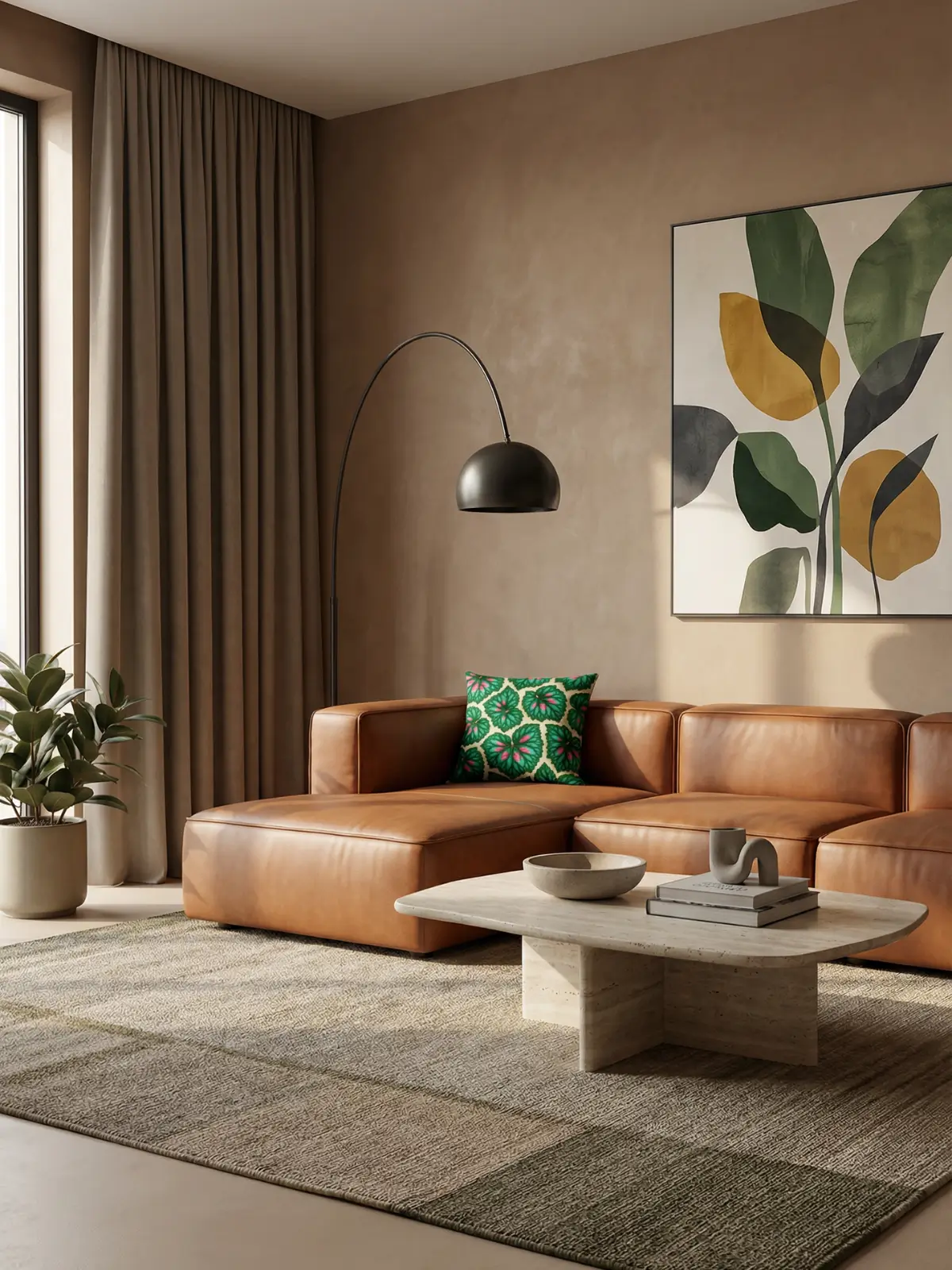 Modern luxury living room with taupe curtains and Begonia Rex pillow on cognac leather sectional