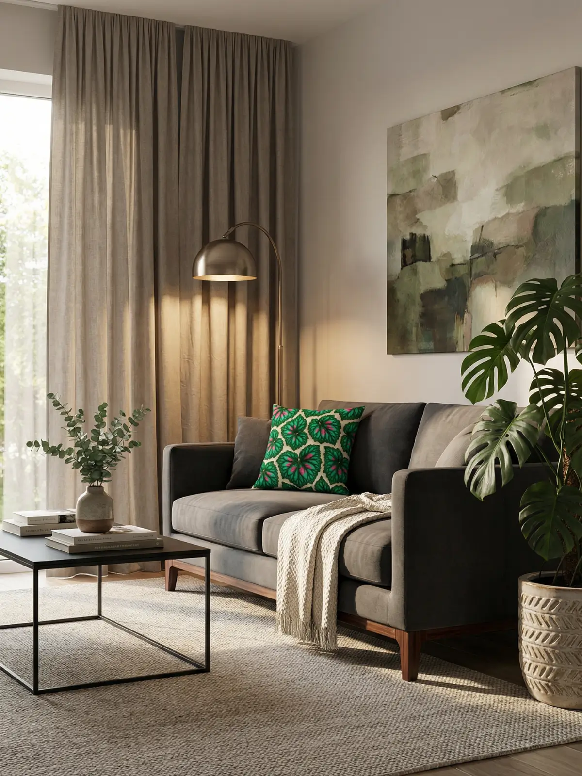 Luxury modern living room with taupe curtains and Begonia Rex Modern Pillow on a gray sofa
