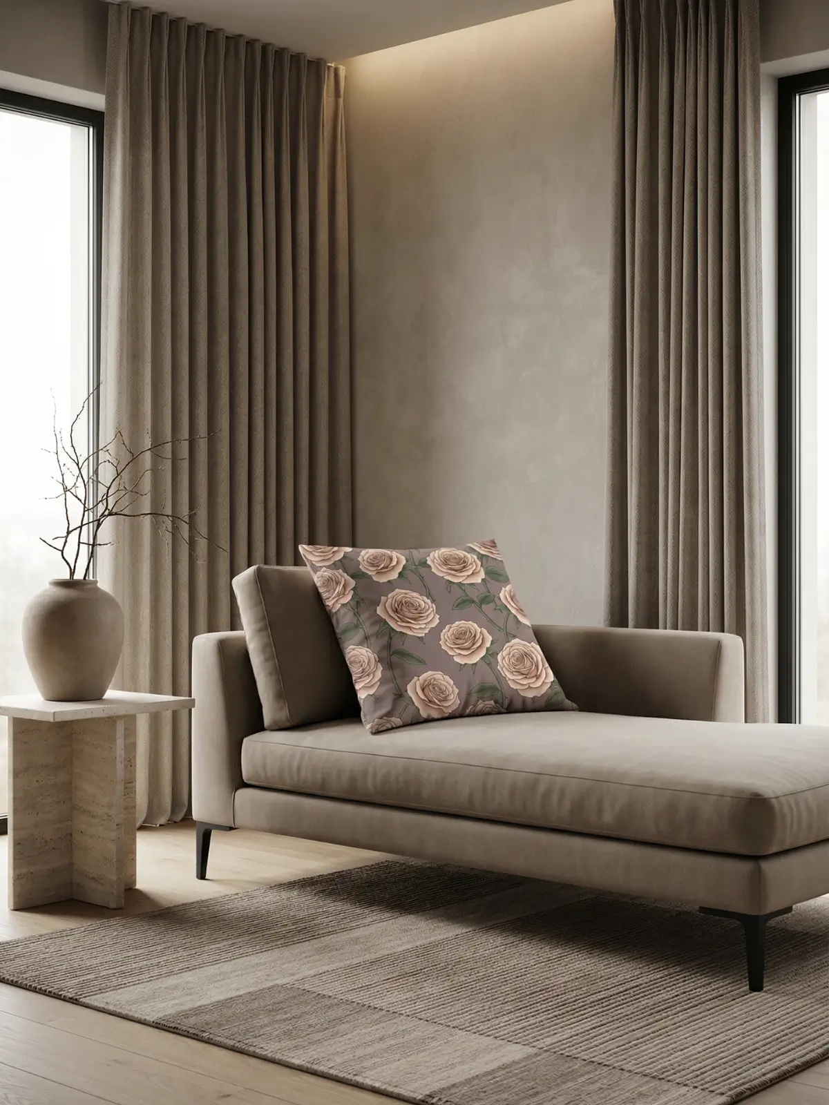 Luxury modern sitting area with taupe curtains and Quicksand Rose pillow on a stone-beige chaise lounge