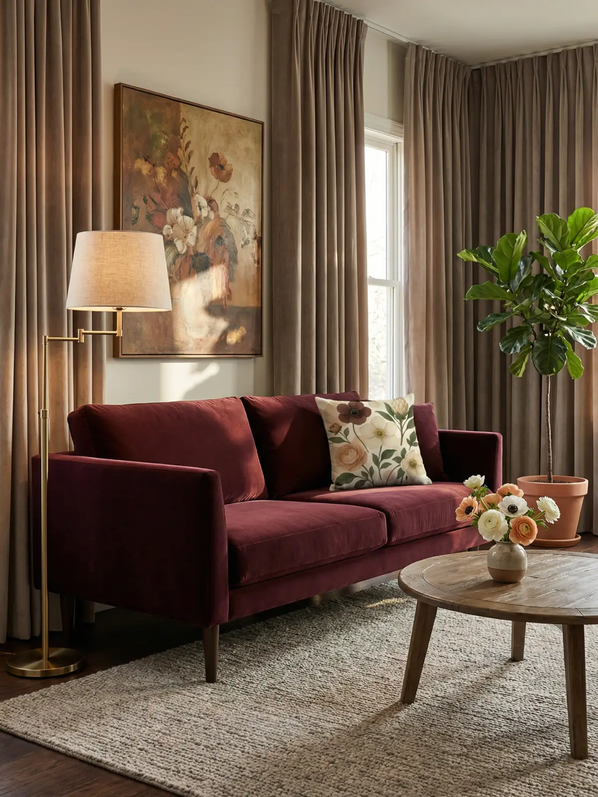 Luxury living room with taupe curtains and Ranunculus-Anemone-Protea Vintage Pillow on a burgundy velvet sofa